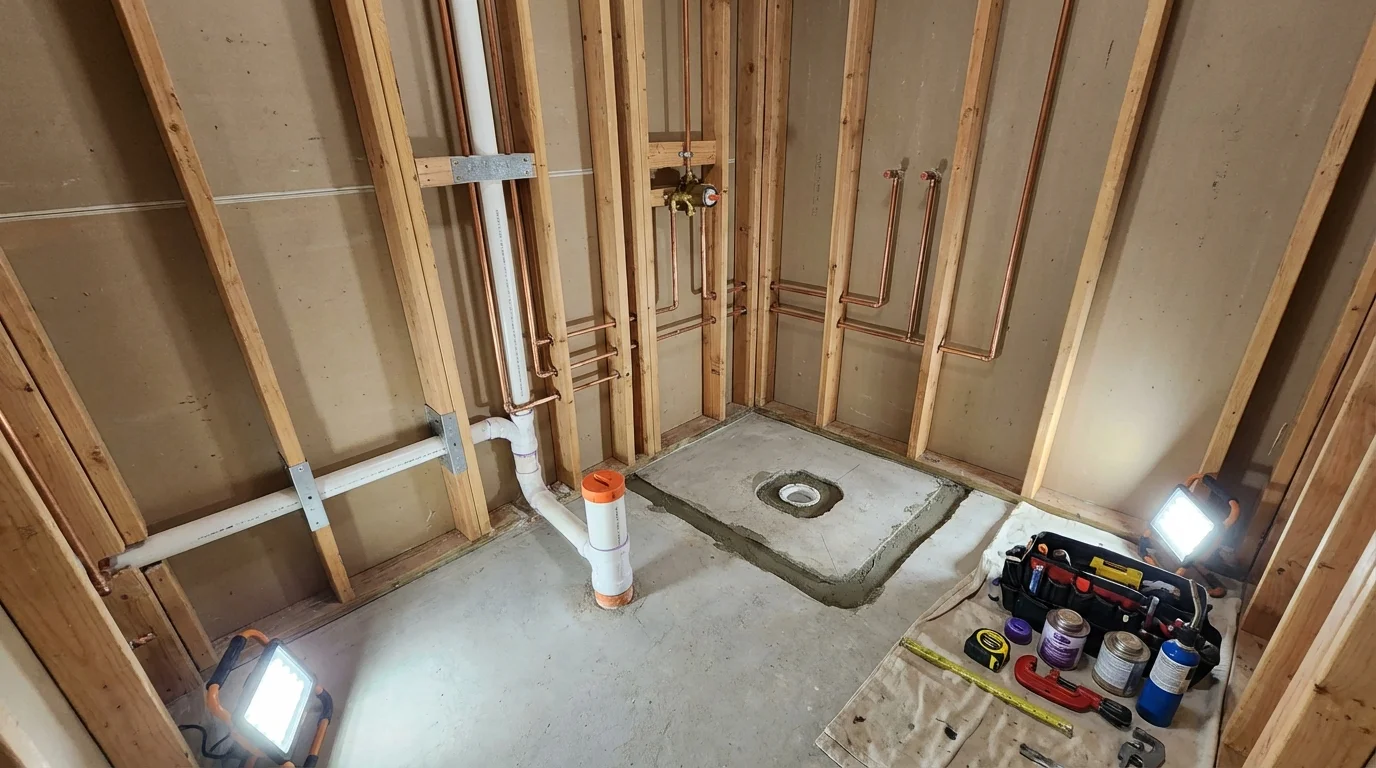 Bathroom rough-in plumbing during remodel by Johns Plumbing LLC in Beggs