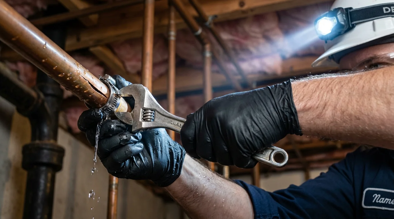 Emergency pipe clamp repair being performed by a Johns Plumbing LLC plumber in Beggs