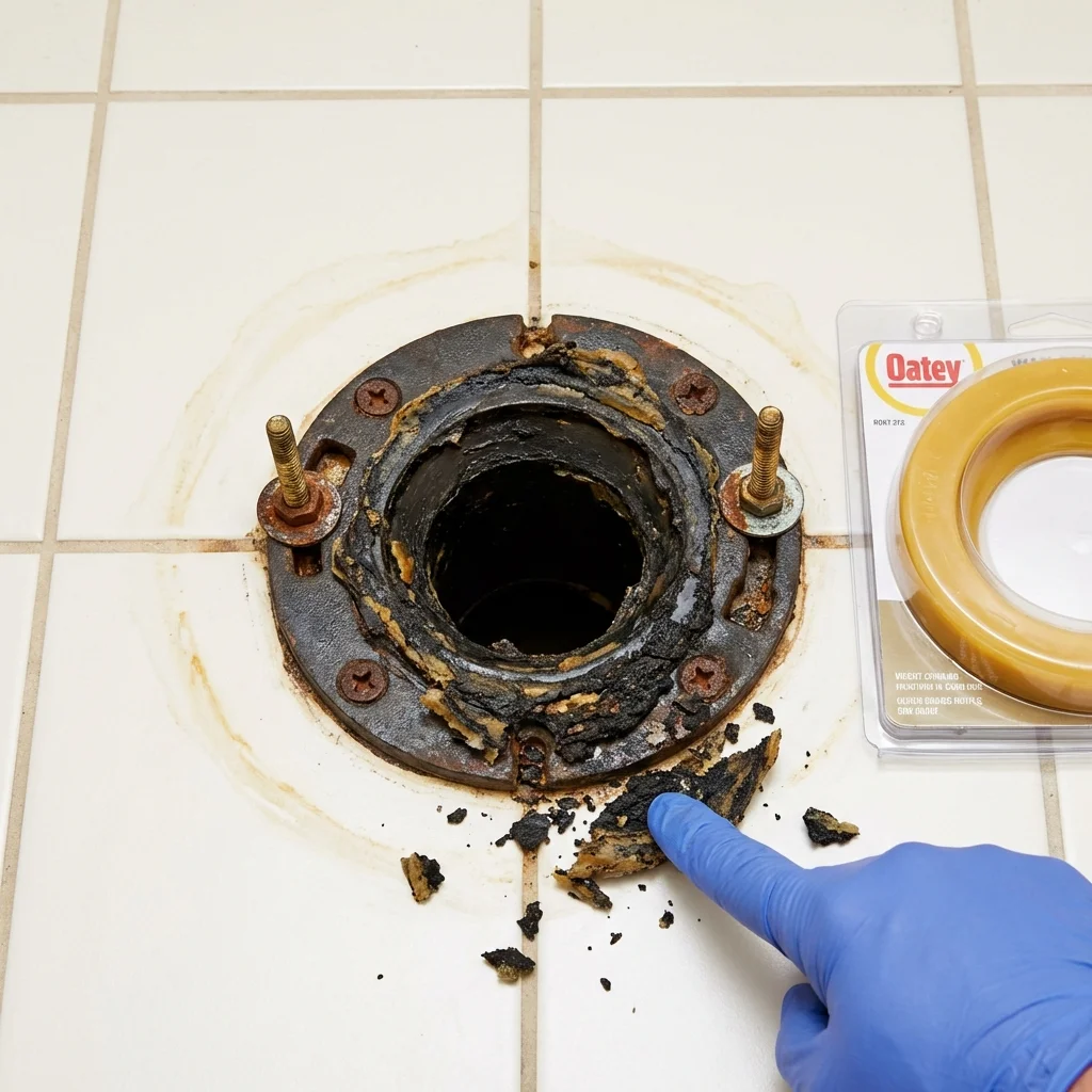 Failed wax ring showing water seepage at the base of a toilet in a Beggs, OK home