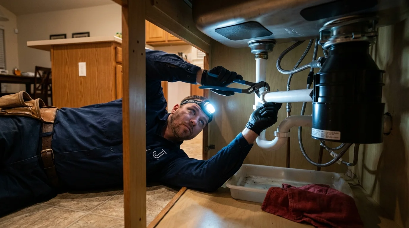 P-trap and supply line connections under a kitchen sink showing a common leak point in Beggs, OK